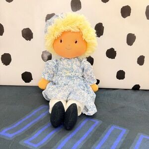 Vintage Kamar Inc Cloth Rag Doll Calico Blue Calico Dress Bonnet Blonde Yarn 13"